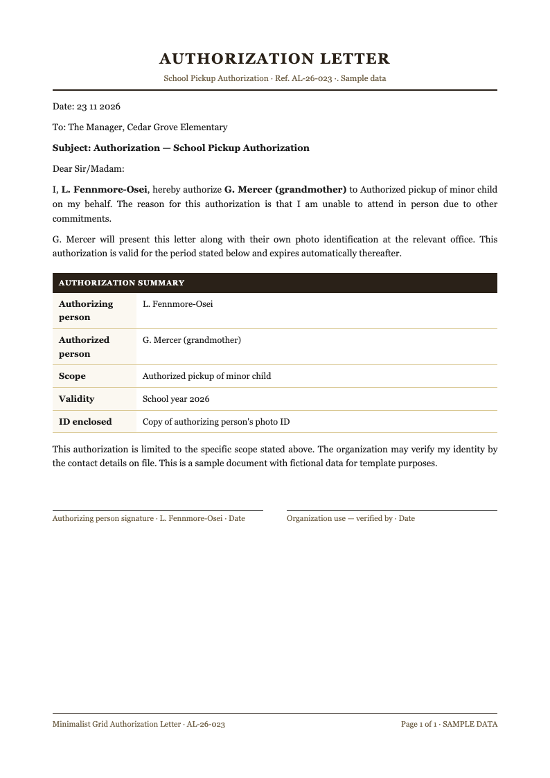 Minimalist grid authorization letter